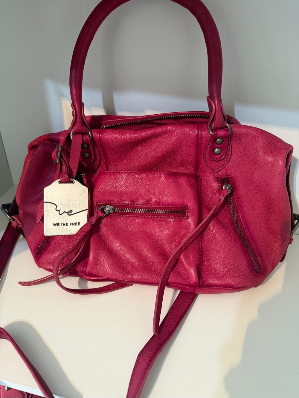 We The Free Fuchsia Leather Shoulder Bag with Exterior Zips